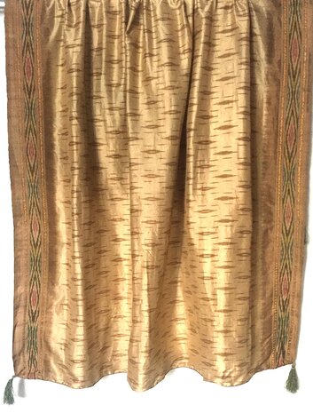 sjaal vintage gerecyclede zijde  met print en kwastjes-3-goudbruin/groen