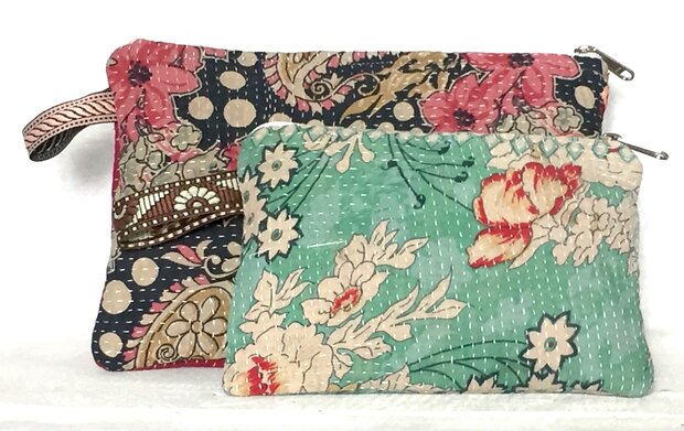 etui set vintage kantha 2- zwart/roze/turqoise bloem