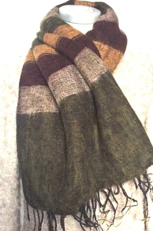 sjaal/omslagdoek mixed wool 1 - streep oker/mosgroen/bordeaux