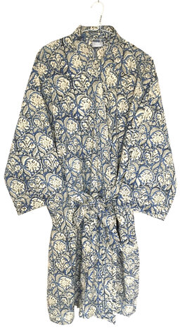  kimono hand blockprint 3 jeansblauw/zwart bloem