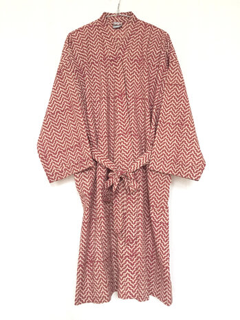  UITVERKOCHT- kimono hand blockprint 9 roest/off-white zig-zag