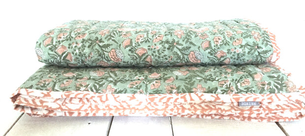 UITVERKOCHT - deken quilt eenpersoons reversible blockprint 4- groen-koraal roze/ brique