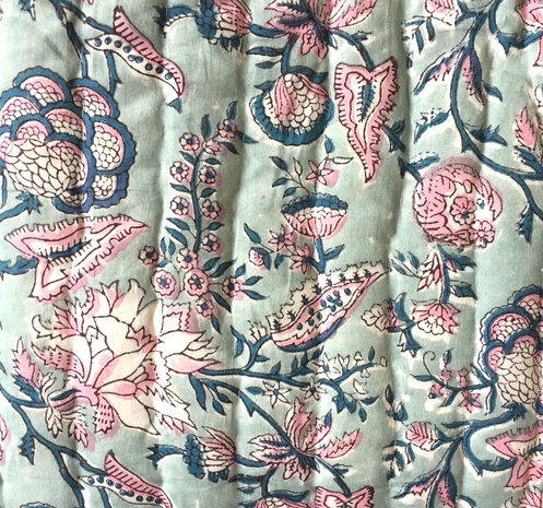 deken quilt eenpersoons reversible blockprint 6- blauw/roze