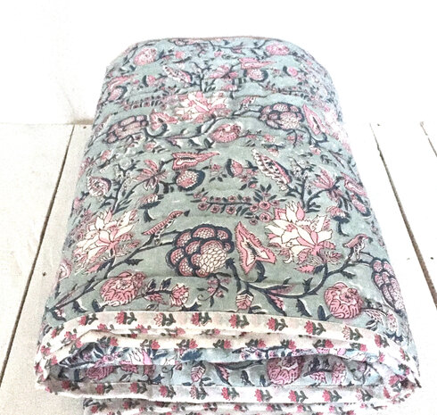 deken quilt eenpersoons reversible blockprint 6- blauw/roze
