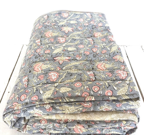deken quilt eenpersoons reversible blockprint 9- pastel blauw-roze/geel