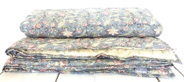 deken quilt eenpersoons reversible blockprint 9- pastel blauw-roze/geel