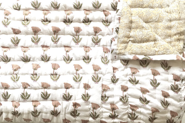 deken quilt eenpersoons reversible blockprint 11- poppy oranje/pastel geel