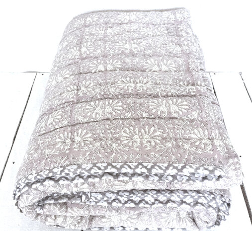 deken quilt eenpersoons reversible blockprint 12- oud paars/grijs-wit