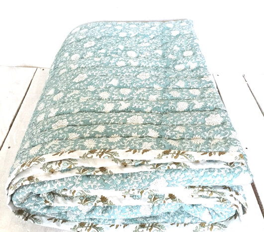 UITVERKOCHT-deken quilt eenpersoons reversible blockprint 13- donker turquoise /khaki-wit
