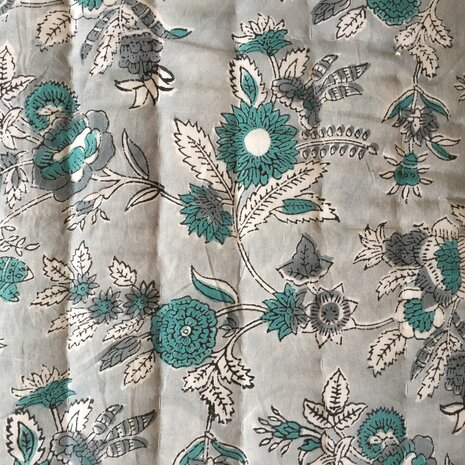 deken quilt tweepersoons reversible blockprint 3- grijs-turquoise /blaadje groen