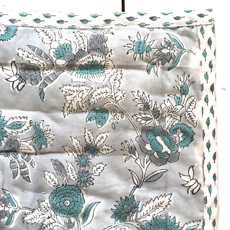 deken quilt tweepersoons reversible blockprint 3- grijs-turquoise /blaadje groen
