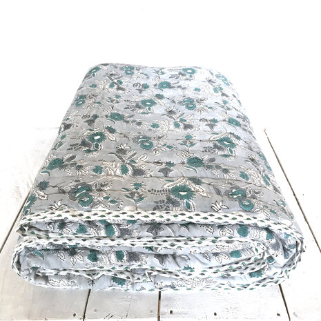 deken quilt tweepersoons reversible blockprint 3- grijs-turquoise /blaadje groen