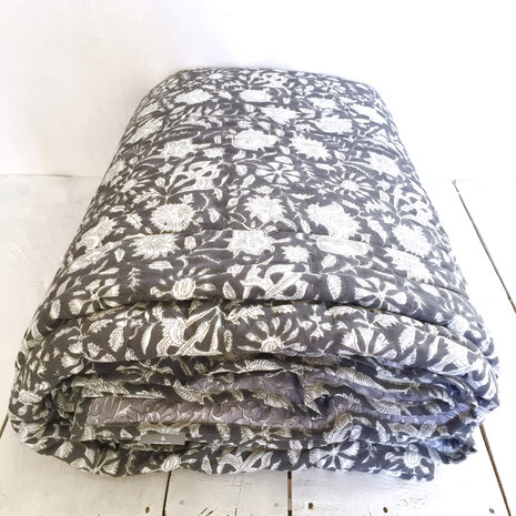 UITVERKOCHT- deken quilt tweepersoons reversible blockprint 15-anthraciet /lavendel
