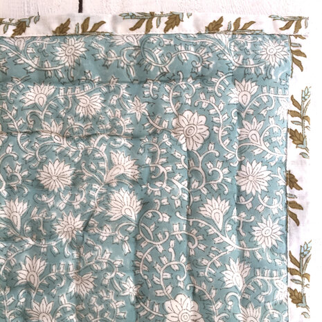 UITVERKOCHT-deken quilt eenpersoons reversible blockprint 13- donker turquoise /khaki-wit