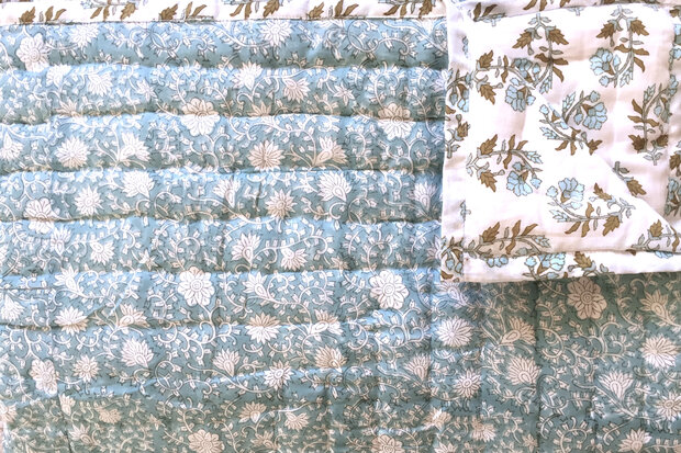 UITVERKOCHT-deken quilt eenpersoons reversible blockprint 13- donker turquoise /khaki-wit