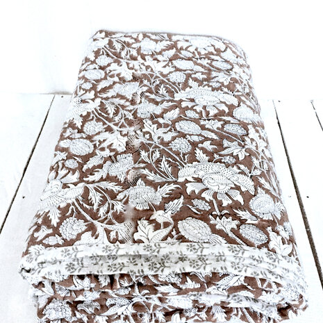 deken quilt tweepersoons reversible blockprint 1-chocobruin/grijs