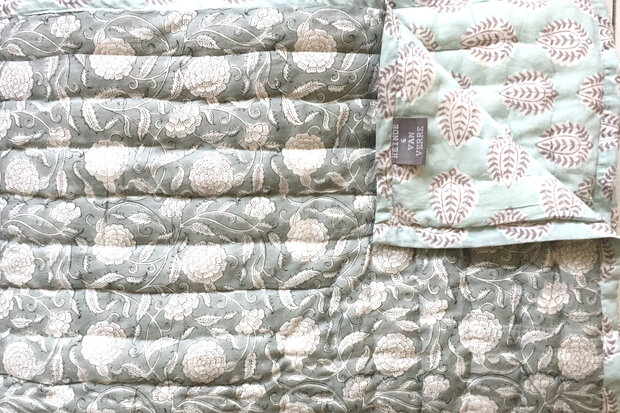 deken quilt tweepersoons reversible blockprint 5- zeegroen /aquablauw