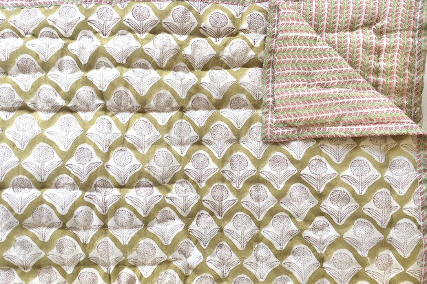 deken quilt tweepersoons reversible blockprint 8- khaki-rood/roze-groen