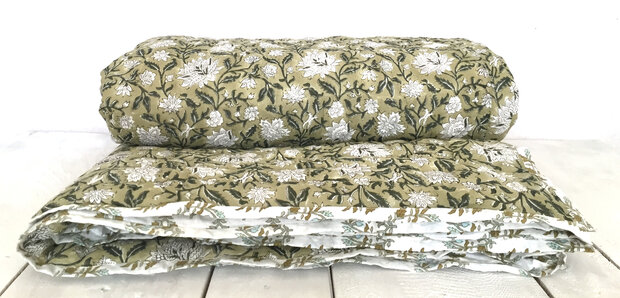  UITVERKOCHT- deken quilt tweepersoons reversible blockprint 16- oud groen/khaki-blauw
