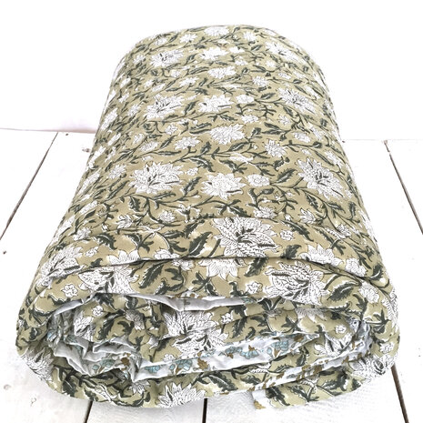  UITVERKOCHT- deken quilt tweepersoons reversible blockprint 16- oud groen/khaki-blauw