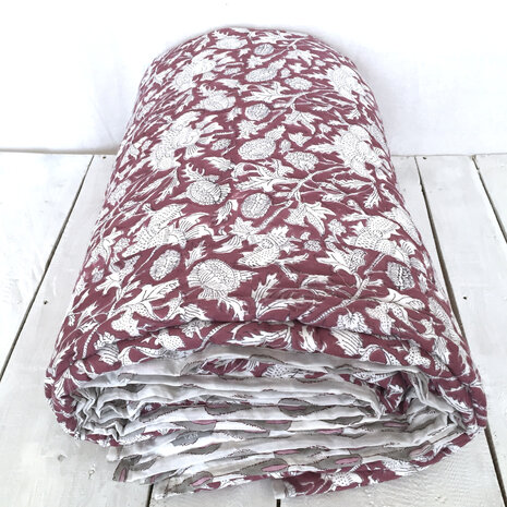  deken quilt tweepersoons reversible blockprint 17- framboos/roze-grijs
