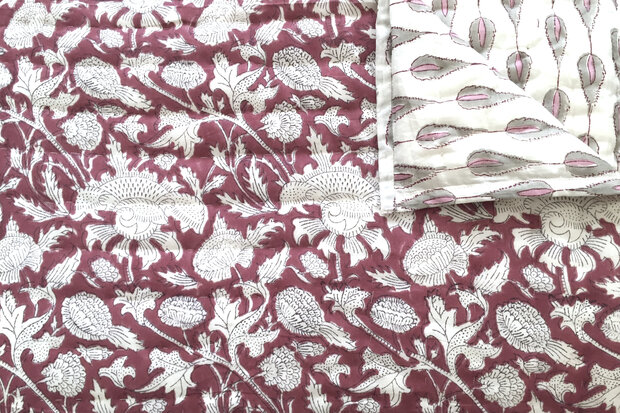  deken quilt tweepersoons reversible blockprint 17- framboos/roze-grijs