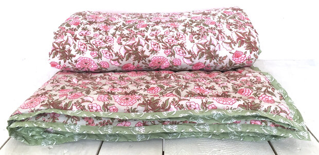  UITVERKOCHT - deken quilt tweepersoons reversible blockprint 18- roze/groen