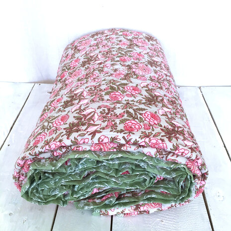  UITVERKOCHT - deken quilt tweepersoons reversible blockprint 18- roze/groen