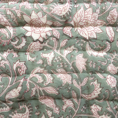 deken quilt eenpersoons reversible blockprint 14- zeegroen/roze-grijs