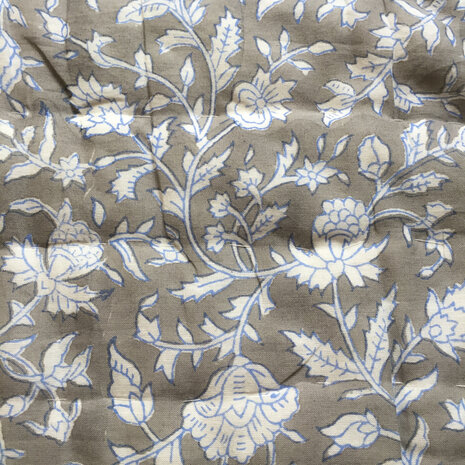 UITVERKOCHT- deken quilt eenpersoons reversible blockprint 15- taupe-blauw/grijs