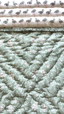 deken quilt kind reversible blockprint 4- vogel grijs/oud groen