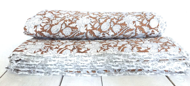 UITVERKOCHT- deken quilt eenpersoons reversible blockprint 1-chocobruin/grijs
