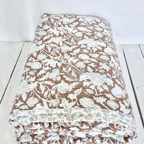 UITVERKOCHT- deken quilt eenpersoons reversible blockprint 1-chocobruin/grijs
