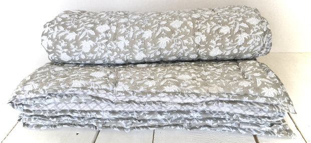 UITVERKOCHT- deken quilt eenpersoons reversible blockprint 15- taupe-blauw/grijs