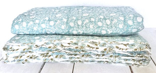 UITVERKOCHT-deken quilt eenpersoons reversible blockprint 13- donker turquoise /khaki-wit