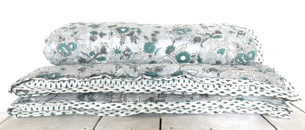 deken quilt tweepersoons reversible blockprint 3- grijs-turquoise /blaadje groen