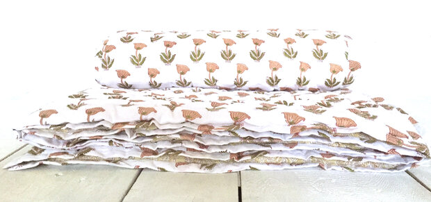 deken quilt eenpersoons reversible blockprint 11- poppy oranje/pastel geel