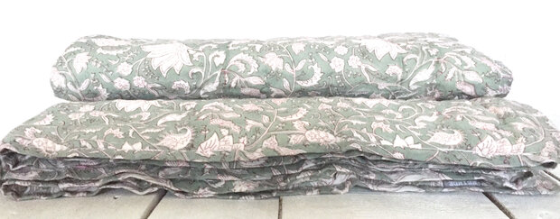 deken quilt eenpersoons reversible blockprint 14- zeegroen/roze-grijs