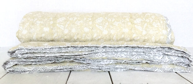 deken quilt tweepersoons reversible blockprint 14- okergeel/zwart-grijs