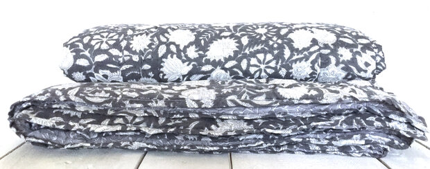 UITVERKOCHT- deken quilt tweepersoons reversible blockprint 15-anthraciet /lavendel