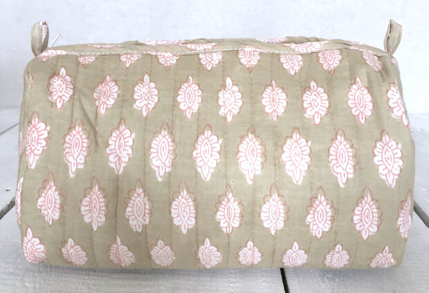  ALLE. MATEN UITVERKOCHT-toilettas blockprint soft  -khaki/roze 