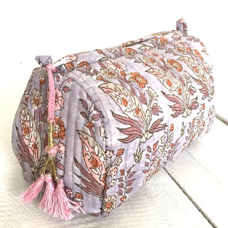 toilettas blockprint met kwastjes in 3 maten - lavendel blauw/roze maat M 