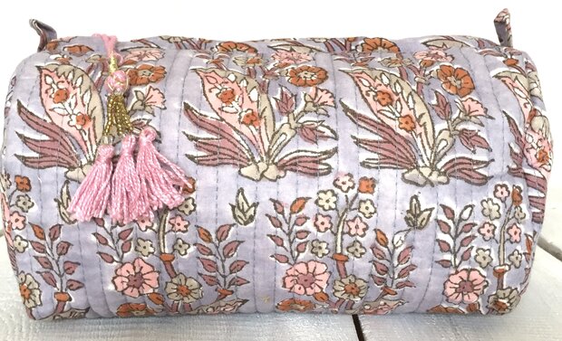 toilettas blockprint met kwastjes in 3 maten - lavendel blauw/roze maat M 