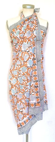 pareo/sarong/sjaal voilekatoen met hand-blockprint 1-oranje/blauw