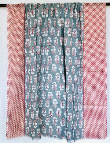 pareo/sarong/sjaal voilekatoen met hand-blockprint 2 petrol/ rozerood
