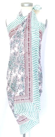 pareo/sarong/sjaal voilekatoen met hand-blockprint 5 aqua/rood