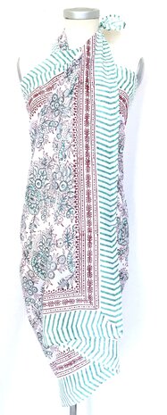 sjaal/pareo/sarong voilekatoen met hand-blockprint 5 aqua/rood