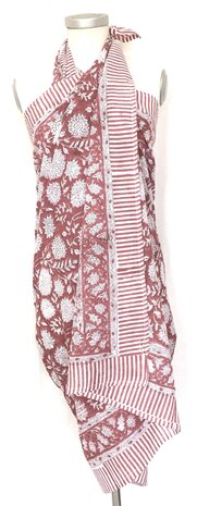 pareo/sarong/sjaal voilekatoen met hand-blockprint 6 framboos rood