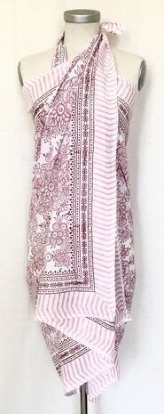 pareo/sarong/sjaal voilekatoen met hand-blockprint 7 roze/ rood