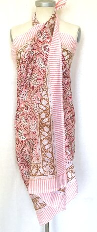 pareo/sarong/sjaal voilekatoen met hand-blockprint 8 roze/ bruin